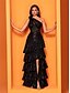 economico NERO-Abiti Quinceanera A-Line elegante abito formale da matrimonio lungo fino al pavimento senza maniche a spalla unica in pizzo con slittamento