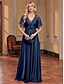 billiga BLÅ-A-Linje Quinceanera Klänningar Elegant Klänning Formell Bröllop Golvlängd Kortsleeve V-Hals Chiffon med Plisseringar