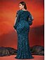 baratos AZUL-Vestidos de Sereia  Trompete Plus Size Vestido Curvas Elegante Casamento Formal Comprimento do Chão Manga Longa Decote em V Lantejoulas com Lantejoulas