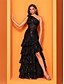 economico NERO-Abiti Quinceanera A-Line elegante abito formale da matrimonio lungo fino al pavimento senza maniche a spalla unica in pizzo con slittamento