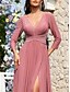 economico Rosa-Abiti A-Line Quinceanera Elegante Vestito Matrimonio Formale Lunghezza Piena Maniche Lunghe Scollo a V Chiffon Schiena a Scala con Pieghe
