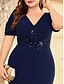 voordelige BLAUW-Zeemeermin  Trompet Plus Size Jurken Elegante Curve Jurk Formele Bruiloft Vloerlengte Korte Mouw V-hals Polyester met Applicaties