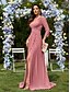 economico Rosa-Abiti A-Line Quinceanera Elegante Vestito Matrimonio Formale Lunghezza Piena Maniche Lunghe Scollo a V Chiffon Schiena a Scala con Pieghe