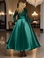 baratos Vestidos de Cocktail-De Baile Linha A Até o Tornozelo Vestidos de cocktail Vestidos de festa Elegante Vintage Manga Longa Gola Redonda Casamento Formal Destacável Cetim Paetês com Pregas Bolsos