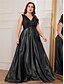 economico NERO-Abiti A-Line Taglie Forti Elegante Abito Curvy Formale Matrimonio Lunghezza P_avimento Senza Maniche Scollo a V Satin Scollo a V con Pieghe