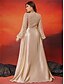 billige Champagne-A-Line Plus Size Kjoler Elegant Curve Kjole Formelt Bryllup Gulvlængde Lange Ærmer V Hals Satin med Plisseringer