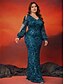 baratos AZUL-Vestidos de Sereia  Trompete Plus Size Vestido Curvas Elegante Casamento Formal Comprimento do Chão Manga Longa Decote em V Lantejoulas com Lantejoulas