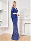 abordables Semi-formal / Cóctel-Vestidos de Quinceañera Sirena  Trompeta Elegante Vestido Boda Formal Largo hasta el Suelo Manga Larga Cuello en V Poliester con Lentejuelas