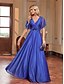 billiga BLÅ-A-Linje Quinceanera Klänningar Elegant Klänning Formell Bröllop Golvlängd Kortsleeve V-Hals Chiffon med Plisseringar
