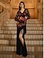 abordables NEGRO-Vestidos de Fiesta Sirena  Trompeta Elegante Vestido Formal de Boda Largo hasta el Suelo Manga Larga Escote en V con Lentejuelas y Abertura con Borlas