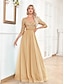 ieftine Semi-formal / Cocktail-Rochii de quinceanera A-line rochie elegantă formală nuntă lungime până la podea mânecă de jumătate de lungime decolteu în V tul cu paiete