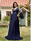 economico BLU-Abito Quinceanera A-Line Abito Elegante Abito Matrimonio Lunghezza Pavimento Manica Mezza Scollo a V Poliestere con Fessura