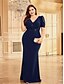 voordelige BLAUW-Zeemeermin  Trompet Plus Size Jurken Elegante Curve Jurk Formele Bruiloft Vloerlengte Korte Mouw V-hals Polyester met Applicaties