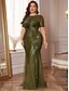 abordables VERT-Robes taille plus élégantes sirène  trompette robe courbée formelle pour mariage longueur sol manches courtes col rond polyester avec sequins