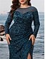 billiga BLÅ-Havfrue  Trumpet Plus Size Klänningar Elegant Kurv Klänning Formell Bröllop Golvlängd Lång Ärmar Rundad Hals Polyester med Slits
