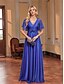 billiga BLÅ-A-Linje Quinceanera Klänningar Elegant Klänning Formell Bröllop Golvlängd Kortsleeve V-Hals Chiffon med Plisseringar