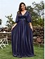ieftine albastru-Rochii A-Line pentru quinceanera rochie elegantă formală lungime până la podea cu mâneci de 3/4 cu gât în V din chiffon cu spate în V și pliseuri