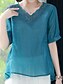 رخيصةأون أطقم تنسيق فاخرة-نسائي قمصان قطنية كتان مطرز لون الصلبة أنيق أساسي كاجوال كم قصير V رقبة قمصان عادية مناسب للبس اليومي أزرق الصيف الربيع