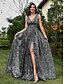 levne černý-Šaty Quinceanera A-Line Elegantní šaty formální svatba podlaha délky bez rukávů V-výstřih s flitry a V-zadní stranou s flitry