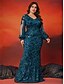 baratos AZUL-Vestidos de Sereia  Trompete Plus Size Vestido Curvas Elegante Casamento Formal Comprimento do Chão Manga Longa Decote em V Lantejoulas com Lantejoulas
