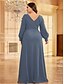 voordelige BLAUW-A-Lijn Plus Size Jurken Elegante Curve Jurk Formele Bruiloft Vloerlengte Lange Mouw V Hals Chiffon Met Pailletten