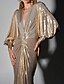 preiswerte Formal / Black Tie-Gold Schwarz Krawatte Meerjungfrau  Trompete Abendkleid Elegantes Kleid Formelle Hochzeit Bodenlänge Lange Ballonärmel Plunge-Ausschnitt Stretch Lurex Stoff mit Raffung