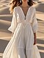billiga Bohemklänningar-Dam Midiklänning Vit klänning Boho-klänning Västerländsk klänning Mode Modern Utomhus Helgdag Helgen Normal Slät Långärmad V-hals Vit Sommar