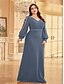 voordelige BLAUW-A-Lijn Plus Size Jurken Elegante Curve Jurk Formele Bruiloft Vloerlengte Lange Mouw V Hals Chiffon Met Pailletten