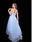 billige BLÅ-A-Line Quinceanera Kjoler Elegant Kjole Formell Bryllup Asymmetrisk Ermeløs Off Shoulder Tyll Bakløs med Plisseringer
