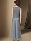 abordables Conjuntos de vestidos para mamá-Vestido de madre de la novia A-line de 3 piezas vestido elegante simple casual cuello barco longitud hasta el tobillo satén manga larga con encaje