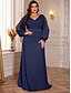 voordelige BLAUW-A-Lijn Plus Size Jurken Elegante Curve Jurk Formele Bruiloft Vloerlengte Lange Mouw V Hals Chiffon Met Pailletten
