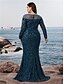 billiga BLÅ-Havfrue  Trumpet Plus Size Klänningar Elegant Kurv Klänning Formell Bröllop Golvlängd Lång Ärmar Rundad Hals Polyester med Slits