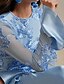 baratos AZUL-Vestido de Festa A-Line com Renda Azul Vestido Elegante Formal Casamento Comprimento do Chão Manga Longa Decote Redondo Material Stretch