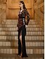 abordables NEGRO-Vestidos de Fiesta Sirena  Trompeta Elegante Vestido Formal de Boda Largo hasta el Suelo Manga Larga Escote en V con Lentejuelas y Abertura con Borlas