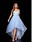 billige BLÅ-A-Line Quinceanera Kjoler Elegant Kjole Formell Bryllup Asymmetrisk Ermeløs Off Shoulder Tyll Bakløs med Plisseringer