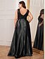 economico NERO-Abiti A-Line Taglie Forti Elegante Abito Curvy Formale Matrimonio Lunghezza P_avimento Senza Maniche Scollo a V Satin Scollo a V con Pieghe