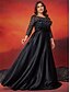 tanie czarny-Sukienki w Kształcie A Plus Size Elegancka Sukienka w Kształcie Krzywej Sukienka Formalna Gość na Wesele Długość do Ziemi Długi Rękaw Dekolt zaokrąglony Satynowa z Haftem