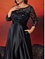 tanie czarny-Sukienki w Kształcie A Plus Size Elegancka Sukienka w Kształcie Krzywej Sukienka Formalna Gość na Wesele Długość do Ziemi Długi Rękaw Dekolt zaokrąglony Satynowa z Haftem