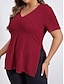 abordables T-shirt grande taille-Femmes Grande taille Hauts T-shirt Couleur Unie Graphique Manche Courte Col en V Occasionnel Quotidien Polyester Été Printemps Noir Vin