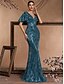 halpa Virallinen / Musta solmio-Merihevosilta/trumpetti Quinceanera-mekot elegantti mekko muodollinen häät lattiapituinen lyhyet hihat V-pääntie polyesteri V-taakse paljeteilla