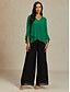 billige Dressy topper-Dame Bluse Chiffongoverdeler Helfarge Elegant Stilfull 3/4 ermer Volanger erme V-hals Vanlige topper Bryllupsgjest Arbeid Daglig Drapering Asymetrisk kant Grønn Sommer Vår Høst