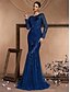 voordelige BLAUW-Zeemeermin  Trompet Quinceañera Jurken Elegante Jurk Formele Bruiloft Vloerlengte Lange Mouw Crew Neck Polyester met Pailletten