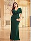 voordelige BLAUW-Zeemeermin  Trompet Plus Size Jurken Elegante Curve Jurk Formele Bruiloft Vloerlengte Korte Mouw V-hals Polyester met Applicaties