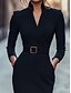 economico Matrimonio Informale / Di Giorno-Abiti da cocktail a colonna neri elegante formali per invitati a matrimoni lungo fino al ginocchio manica lunga colletto a camicia cintura/fascia in crepe elasticizzato con spacco