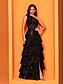 economico NERO-Abiti Quinceanera A-Line elegante abito formale da matrimonio lungo fino al pavimento senza maniche a spalla unica in pizzo con slittamento