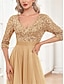 ieftine Semi-formal / Cocktail-Rochii de quinceanera A-line rochie elegantă formală nuntă lungime până la podea mânecă de jumătate de lungime decolteu în V tul cu paiete