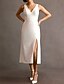 abordables Petits robes blanches-Robe blanche de fiançailles Robes de mariage en forme A col en V sans manches longueur thé tissu extensible Robes de mariée avec nœud(s) fente devant