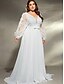 preiswerte WEISS-A-Linien-Abendkleid Elegantes Kleid Formelle Hochzeit Schleppe Bürstenbahn Langarm V-Ausschnitt Chiffon mit Falten