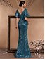 halpa Virallinen / Musta solmio-Merihevosilta/trumpetti Quinceanera-mekot elegantti mekko muodollinen häät lattiapituinen lyhyet hihat V-pääntie polyesteri V-taakse paljeteilla