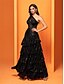 economico NERO-Abiti Quinceanera A-Line elegante abito formale da matrimonio lungo fino al pavimento senza maniche a spalla unica in pizzo con slittamento